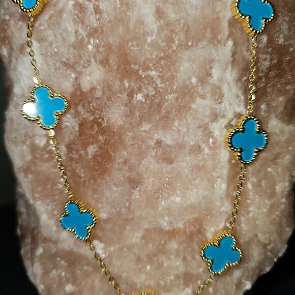 Turquoise blue Hope, Faith, Love and Luck clover fashion necklace 16 inches - Picture 6 of 9